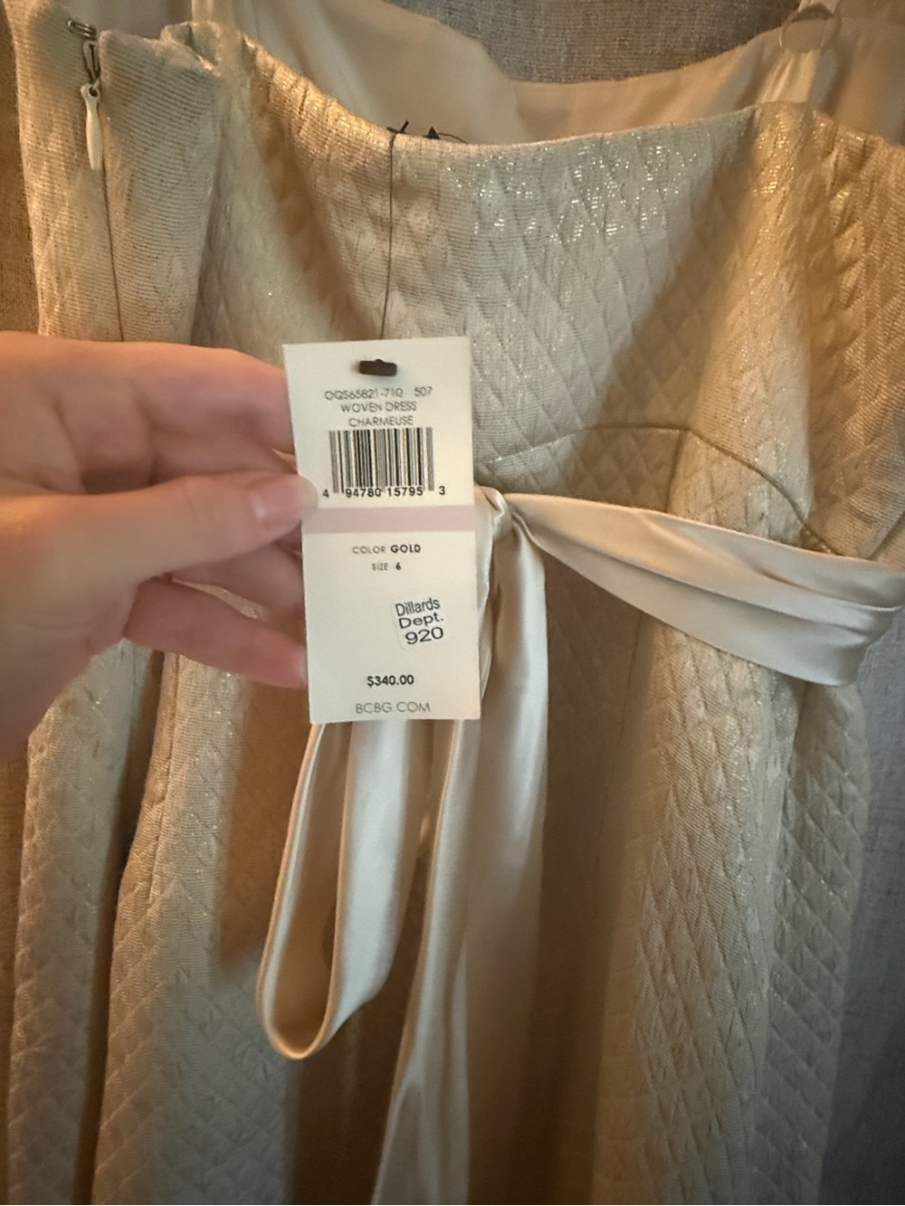 Silk BCBGMaxAzria Ivory Satin Pleated Dress with Beaded Waistband - Picture 5 of 10
